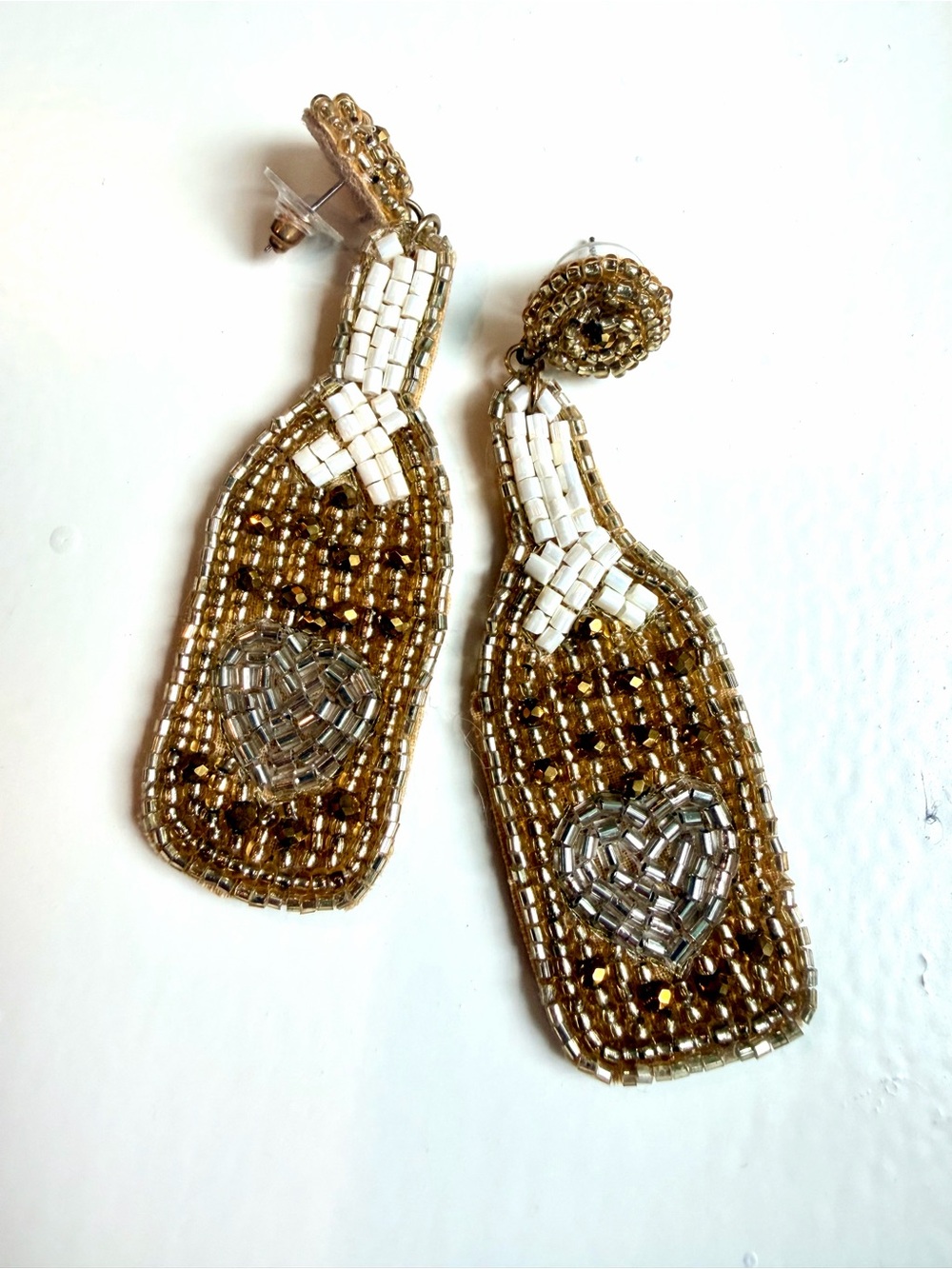 Beaded Champagne Bottle Earrings with Heart Accent, Gold